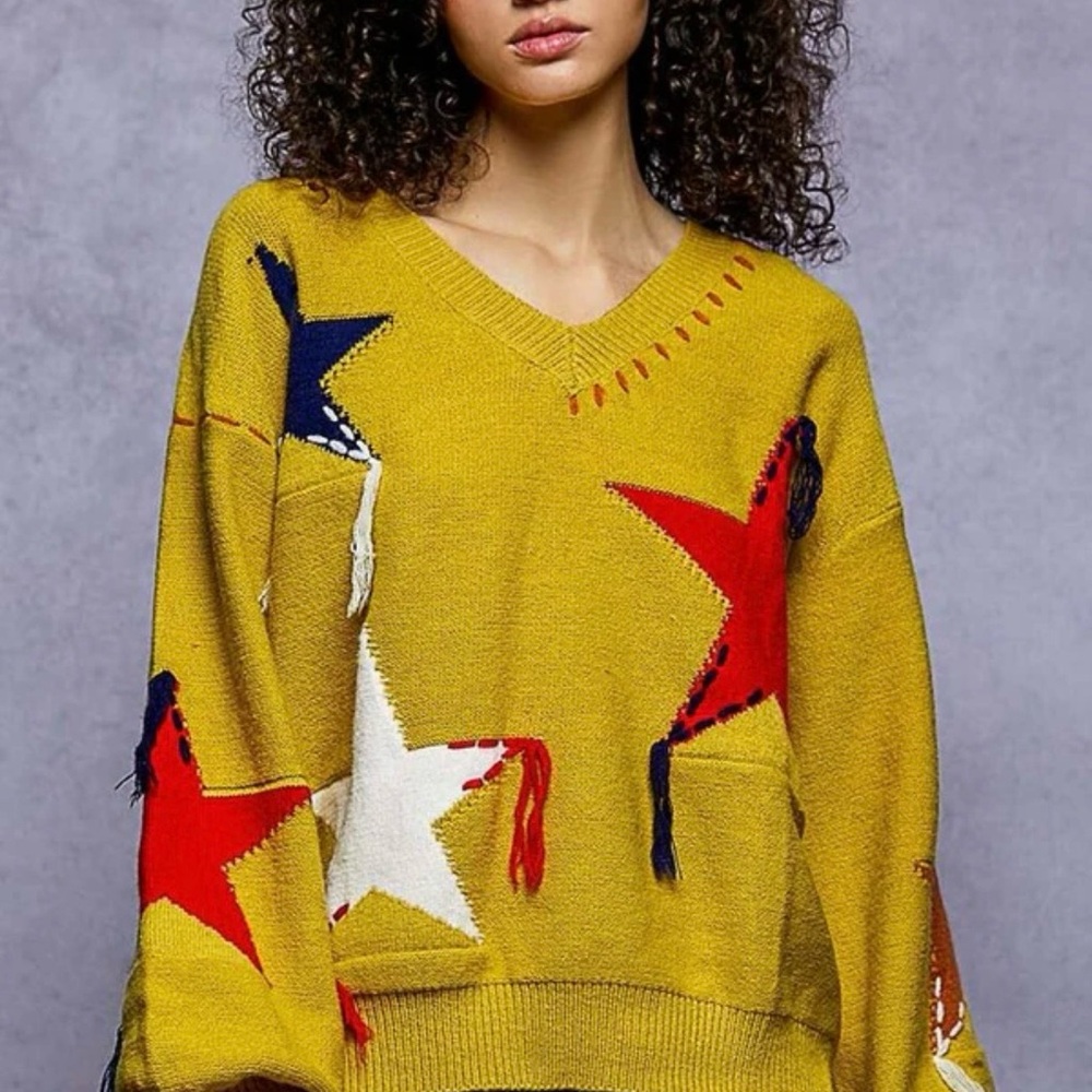 POL Mustard V-Neck Sweater with Star Design